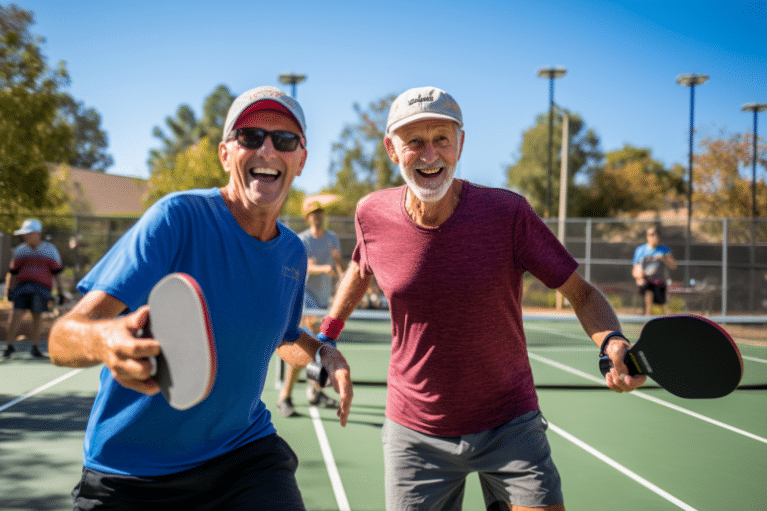 senior pickleball player men having fun