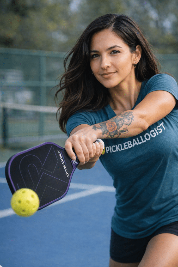 sophie hitting a two handed backand with conor garnetts signature paddle
